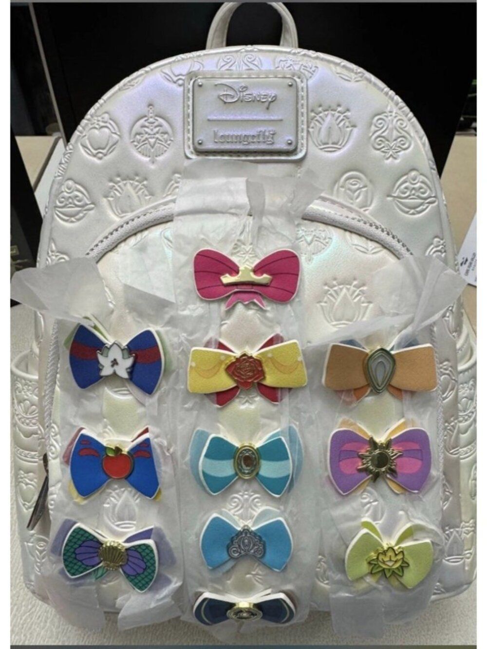 Loungefly Disney Princess Bows Iridescent White Pearl Mini Backpack NWT